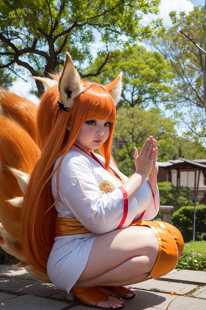 (((Super Obese))), (((Nine Tails))), Dynamic, 1. "At a cosplay event, a buxom woman cosplaying as a nine-tailed fox wears a long silver wig, large gold contact lenses, and an ornately embroidered kimono. Behind her, a handmade set of nine tails glitters, and all around her is a shrine with blossoming cherry trees. Many photographers are trying to capture her stunning cosplay."