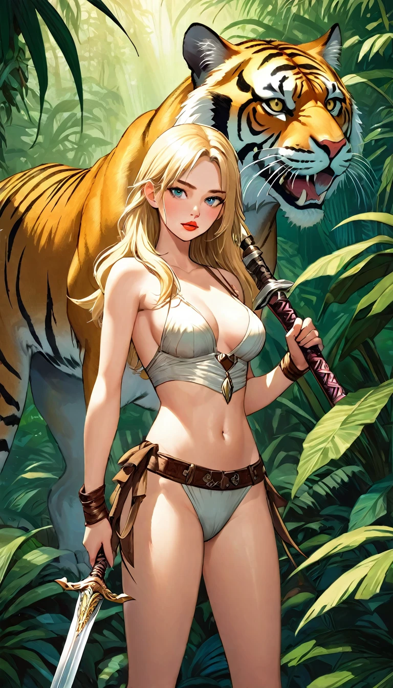 a long-haired blonde girl, beautiful detailed eyes, beautiful detailed lips, extremely detailed face, longeyelashes, half-naked, holding a sword, with a large saber-toothed tiger as a pet, in a lush jungle environment, oil painting, best quality, 8k, ultra-detailed, realistic, photorealistic, photo-realistic:1.37, vivid colors, studio lighting, physically-based rendering, extreme detail description, Bill Sienkiewicz art style