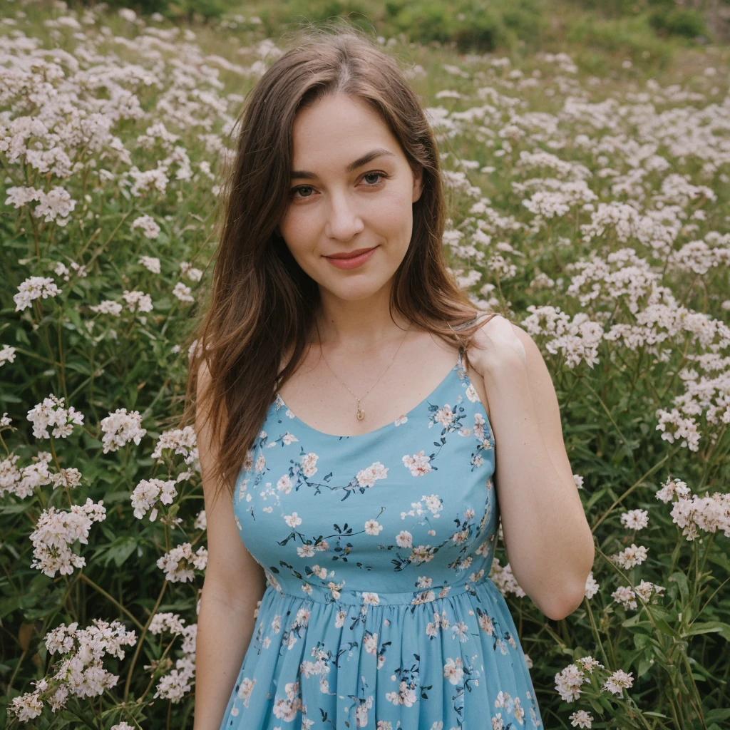 1 girl, solo, Liechtensteiner woman, Old woman, name is Isla, (((60 years old woman))), (((wrinkles))), ((long brunette hair)), ((fair skin)), ((round face)), ((short pointy nose)), ((big plump lips)), ((full body)), ((half body shot)), (((slim body))), (((wearing blue floral dress))), (at the mountain field in Germany), smirk, (random pose), ((spring season)),
