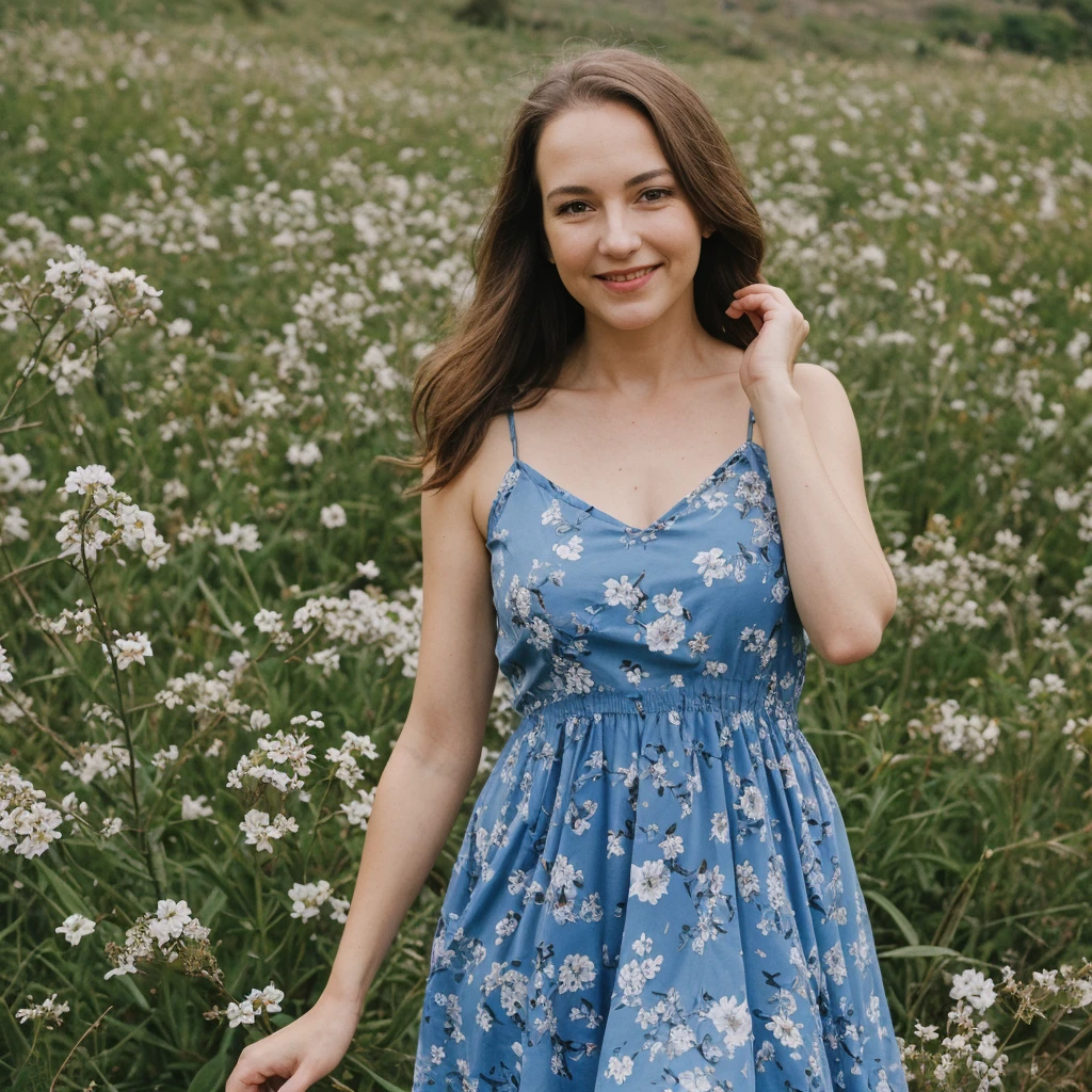 A beautiful woman with light delicately filtering through her hair, her summer dress is beautiful and she's standing in front of a cottage