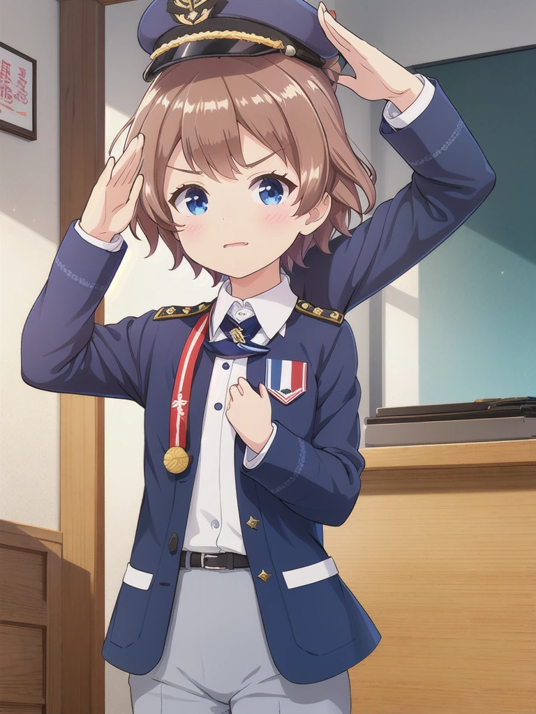 Highest quality,masterpiece,12 years old,serious,(Close your mouth),blue eyes,indoor,School,corridor,Are standing,Upper Body, 顔 focus,Brown Hair, short hair, Navy uniform,, (salute),Medal on chest,Navy uniform cap