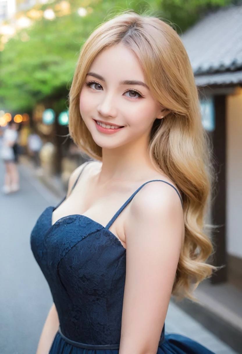 Leila、18-year-old、(Russian women)、(Cute face:1.4)、(Thin contours:1.3)、(Big eyes)、(Grey Eyes:1.8)、Blonde medium-long hair、(Big Breasts:1.3)、(Narrow waist)、8-head-tall model style、Full body angle、smile、Long dress、Inside the city of Tokyo