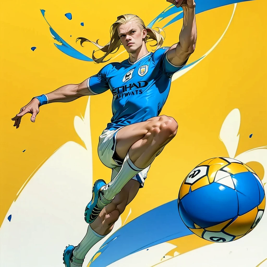 Random evolution, (1man), (full body version), tall man, muscle, Masculine, (his face scowls), albino skins, sport, football player, 1ball, (Blonde colored hair, Long Straight hairstyle, narrow eyes, hazel eyes), Manchester City blue t-shirt, White shorts, white socks, Grassroots, There's a ball, ((his pose is bicycle kick)), (((his foot right are on fire))), (((His right leg was burned))), (full background, football stadium background)