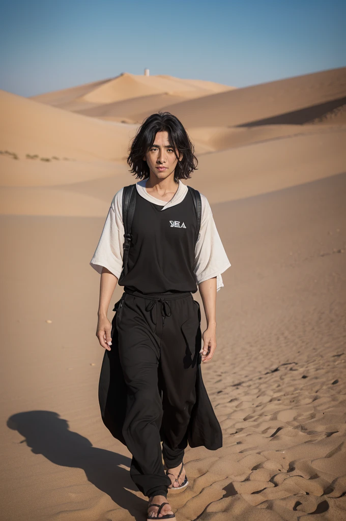 8K, best qualityer, work of art, ultra high resolution, (真实感: 1.4), OriginalPhoto, (textura de pele realista: 1.3), (Film grain: 1.3), (Selfie store), Jesus is black, short dark hair, large nose, common appearance of the people of Israel, walking through the desert, with simple clothes