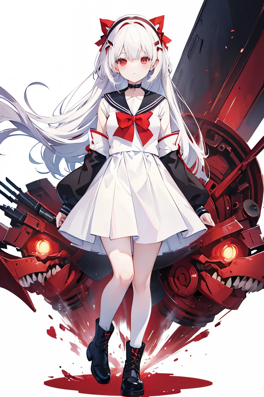 アニメの女の子 with white hair and red bow sitting on the ground, Sailor dress, Cute girl anime visuals, young anime girl, pretty anime girl, White Hair Girl, White background、Full-body portrait、Black boots、Red Eyes、Marine color dress、Knee-high socks、whiteback、Standing girl,Stand Up、Girl standing with big reaper's scythe