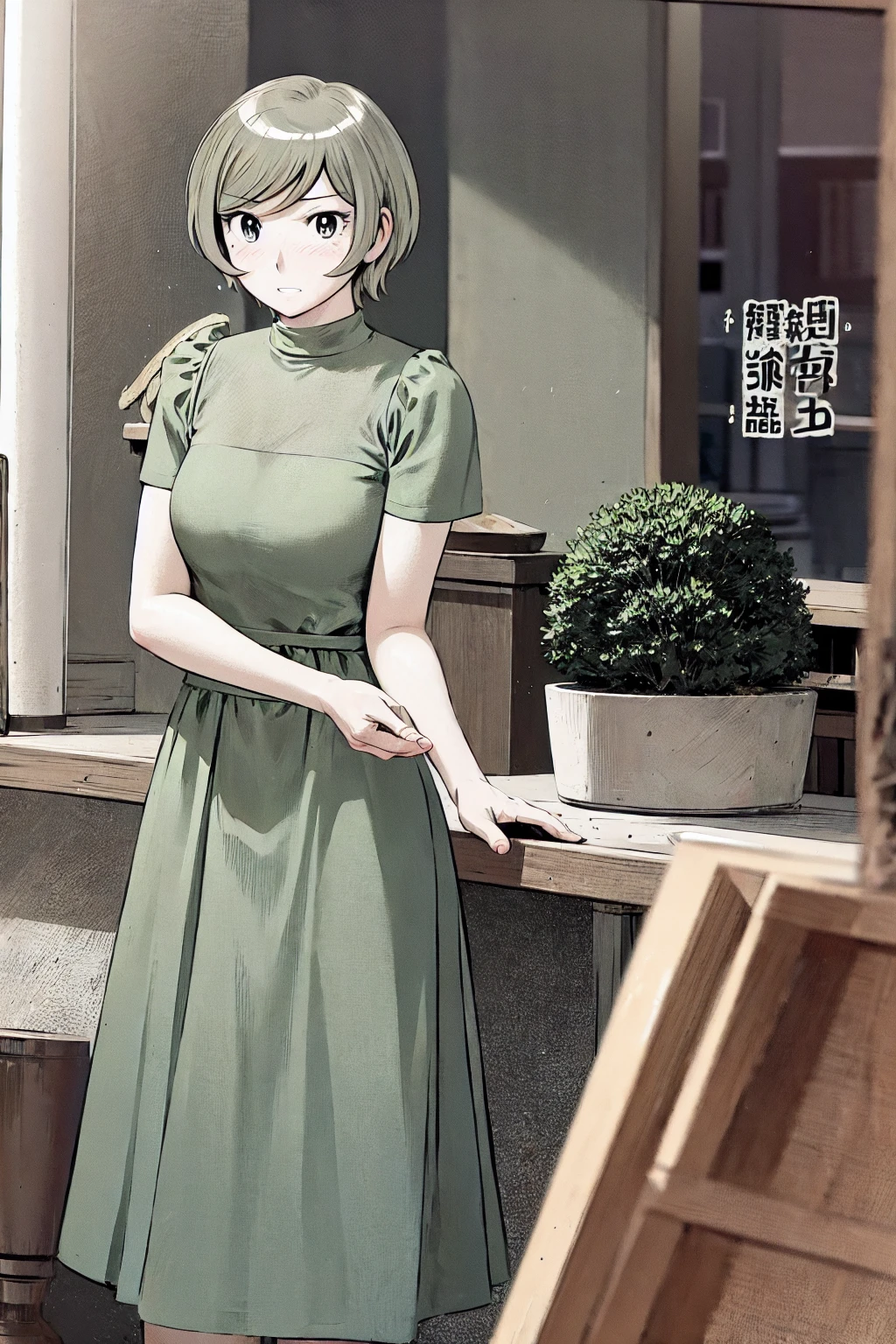 、(masterpiece、Highest quality)、Highest quality, Ultra-high resolution, (((masterpiece))), alone, Sweat、Big eyes, No sleeve、Outdoor、Floral dress、Composition from the front、(Cut the back hair short、short hair、blonde、woman)、Shortcuts、Embarrassed face、Cut your hair short、可愛いwomanの子、Big Breasts、NSFW