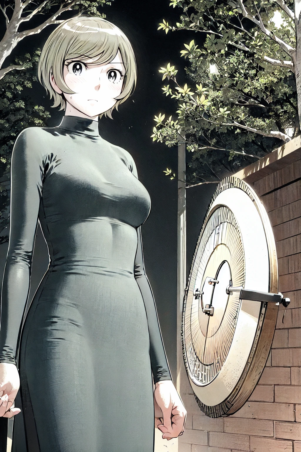 、(masterpiece、Highest quality)、Highest quality, Ultra-high resolution, (((masterpiece))), alone, Sweat、Big eyes, No sleeve、Outdoor、Floral dress、Composition from the front、（Cut the back hair short、short hair、blonde、woman）、Shortcuts、Embarrassed face、Cut your hair short、可愛いwomanの子、Big Breasts、NSFW