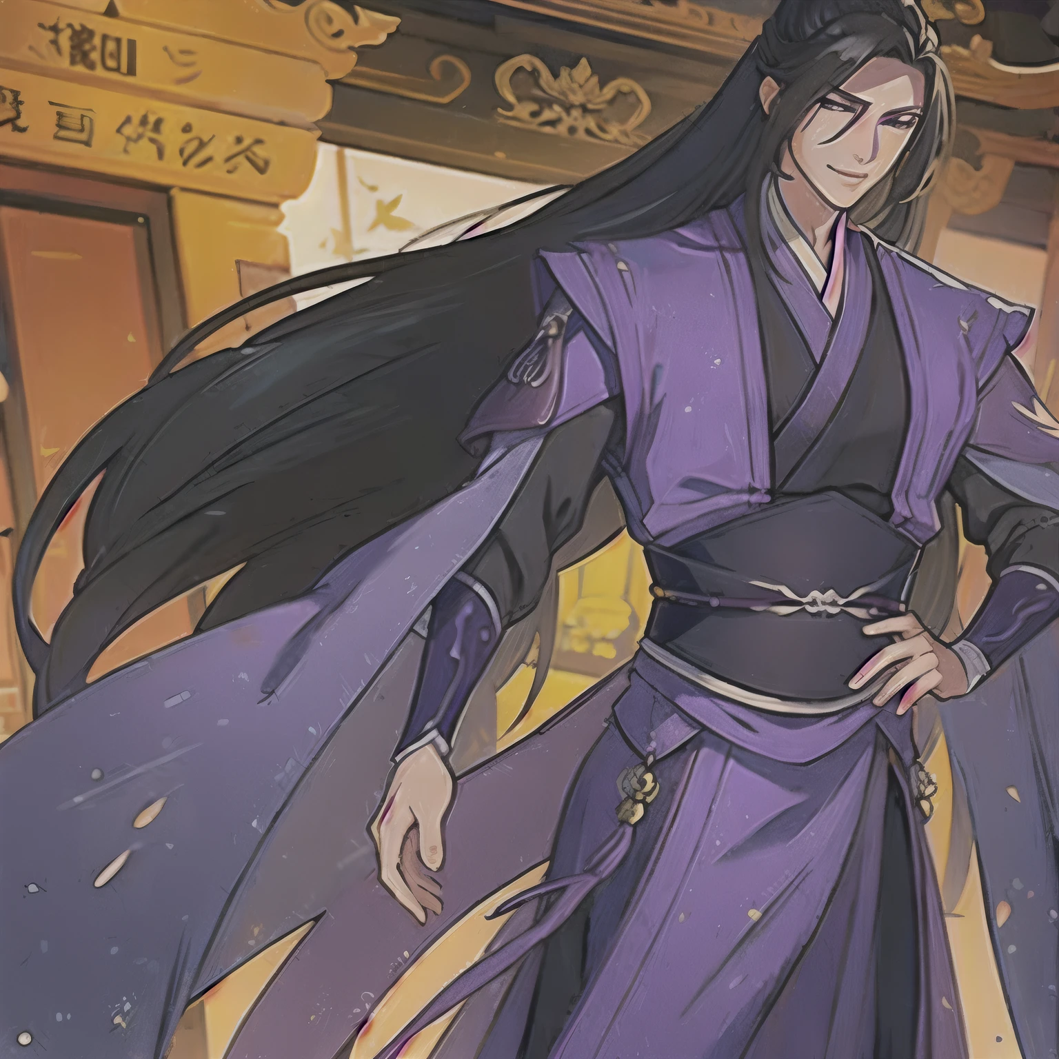 (masterpiece, best quality:1.2), 1male, solo, jiang cheng, mo dao zu shi, mdzs, purple and black clothes, purple eyes, long black hair, perfect anatomy, smile