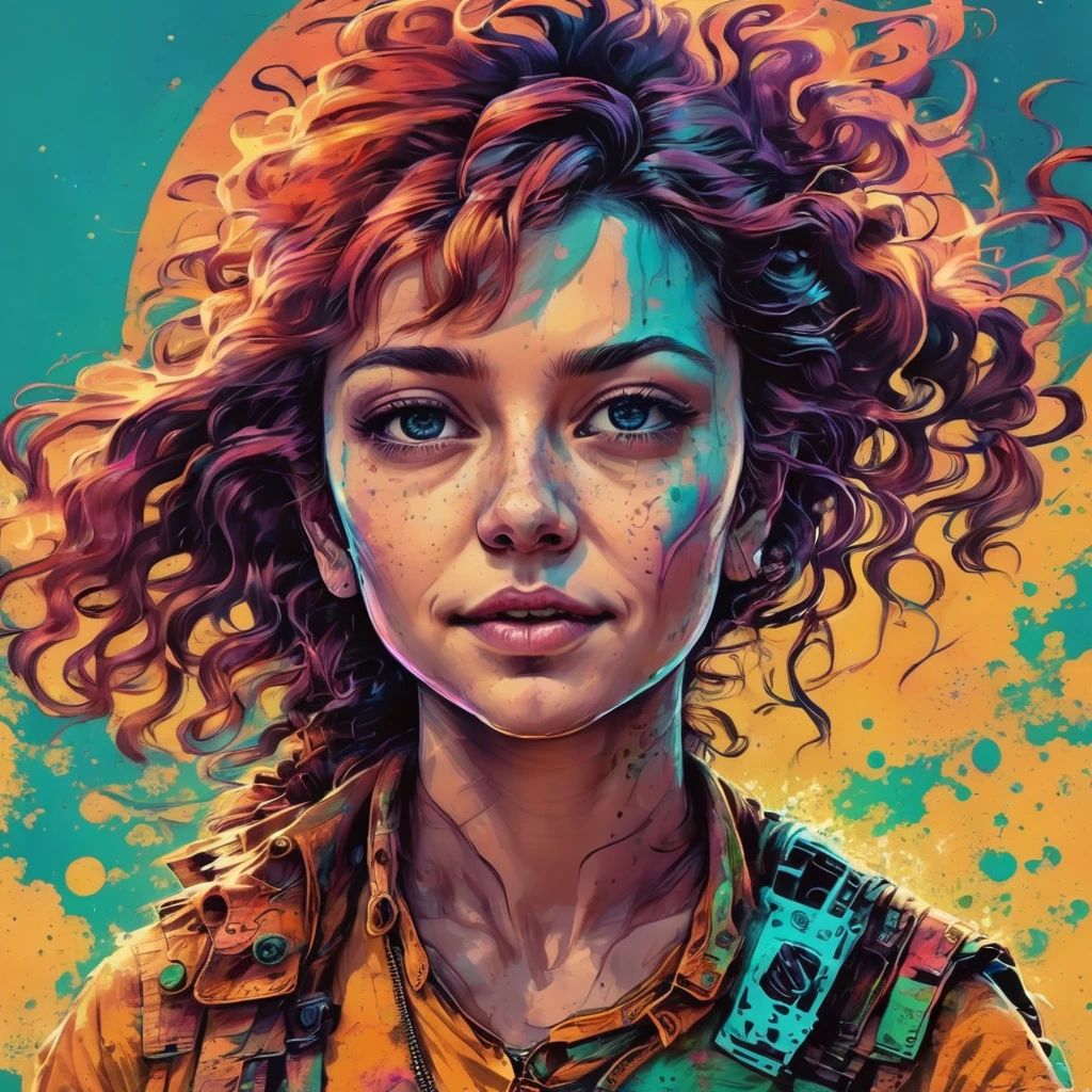 A girl who travels freely between the present, passado, e futuro.、fine arts、frightful、beautiful face、beautiful posture、lindos cabelos longos fullcolors、Depth of subject、detailed portrayal、tabletop、(flat-colors:1.3)、(fullcolor:1.8)、