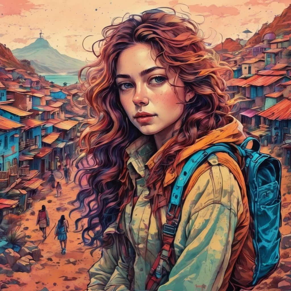 A girl who travels freely between the present, passado, e futuro.、fine arts、frightful、beautiful face、beautiful posture、lindos cabelos longos fullcolors、Depth of subject、detailed portrayal、tabletop、(flat-colors:1.3)、(fullcolor:1.8)、