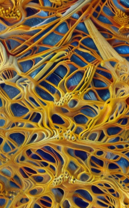 an intricate neural system made of agate and opal is shaping the figure of the Magus of Power himself, he is displaying his art with his tools, male, intelligence of transparency,dominant yellow, purple, gray and indigo rayed violet color tonality, fractal, brilliant colours, masterpiece, highly detailed, 4k resolution, 3d modelling, digital art, Caravaggio art