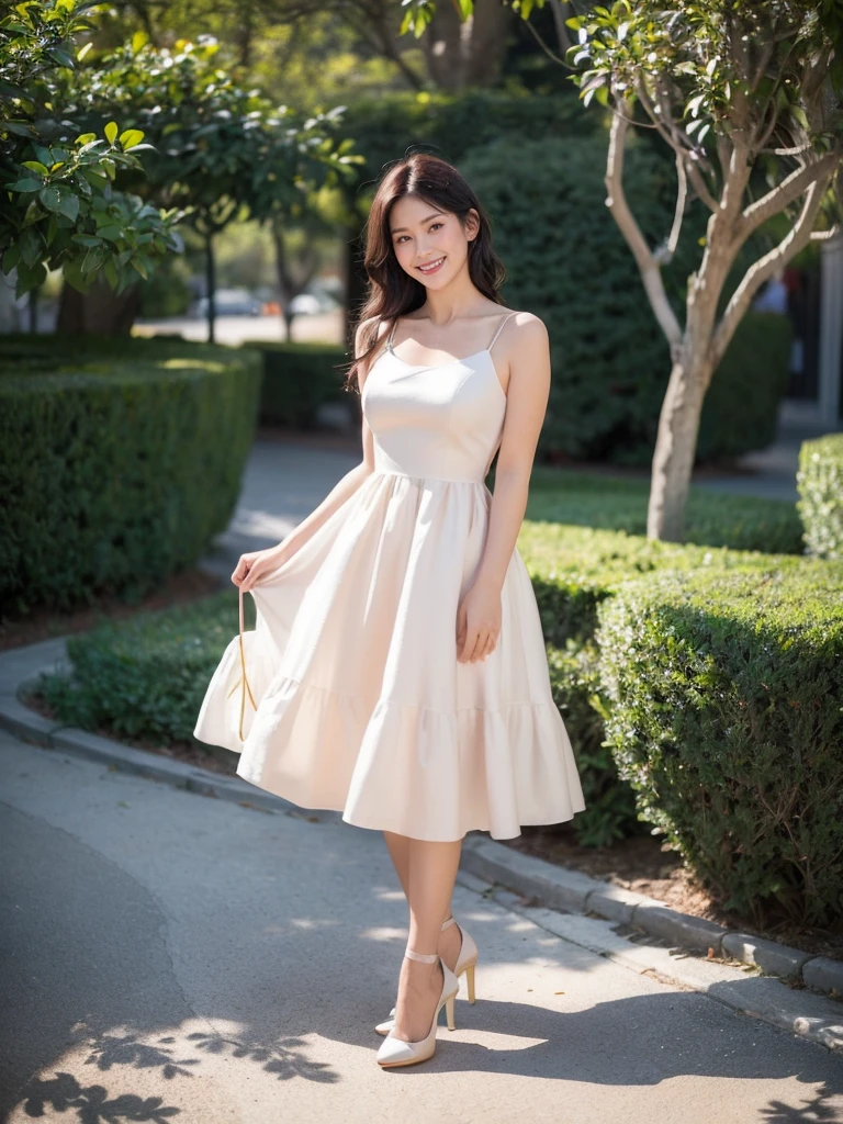 最high quality, 8K, Masseter area, Energetic, Clear focus, high quality, high resolution, Delicate face, Fine particles, thick lips, (Looking at the audience), Solitary, Beautiful woman, 38 years old, Plum, Black hair, (Light-colored open-neck spaghetti-strap dress:1.5), afternoon、In front of the park garden,(Standing in the park:1.5)、((Smile:1.5))、((Wearing black high heels)),Tall