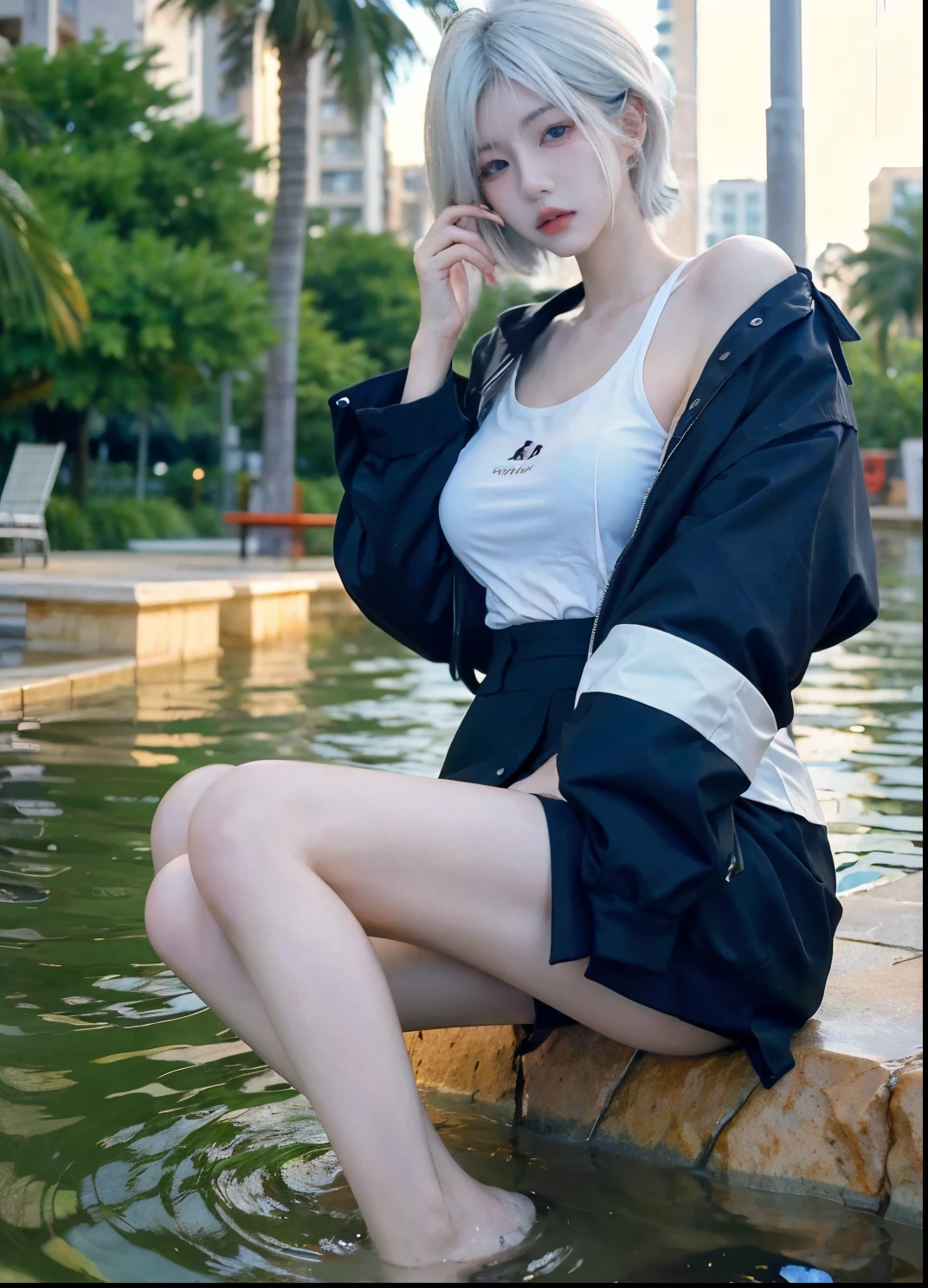 Beautiful woman with perfect figure:1.4，Ultra-high resolution，White legs，Put your hands behind your back，Swimming background，Big breasts：1.6，（Realism:1.4)，perspective，Layered hairstyle，Snow white skin，JK:1.5，Super short pleated skirt，whole body：1.4，Very delicate and skin texture，Double eyelids，Skin Whitening，Long hair，White hair
