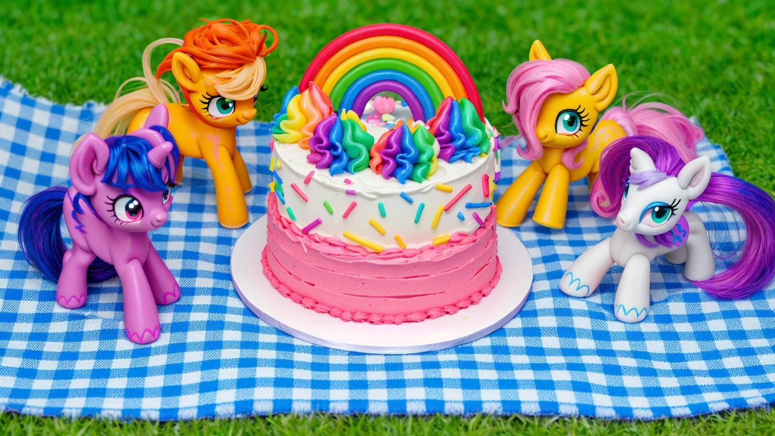 on the grass, on a pink checkered tablecloth. there is a white plate with cake, white and pink cream cake, Rainbow confectionery powder on the cake, top rainbow gradient cream, polymer clay rainbow, рядом стоят пластиковые pony toys из мультфильма My Little Pony, pony toys, beautiful light, sunlight, sunny day, beautiful lighting, bright announcement, several light sources, Realistic style, realistic textures, high quality, high detail, detailed texture, ultra 4k hd