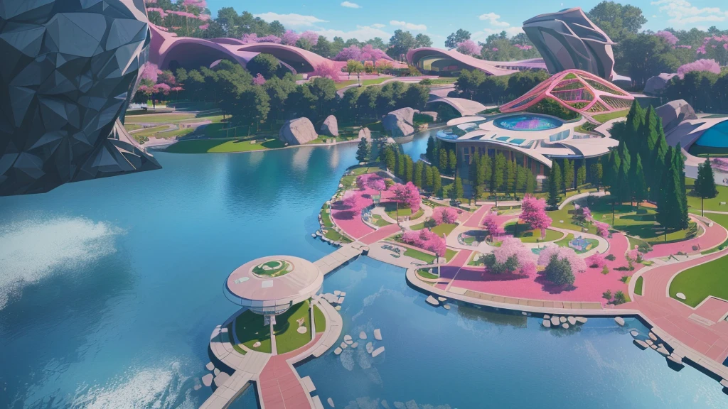 A modern park，There is a circle of rocks around，There is green grass on it，And pink fantasy grass，There is a clear lake in the center，Modern style building，Surrounded by fantasy-style trees and plants。Realistic style，Real light，Authentic materials