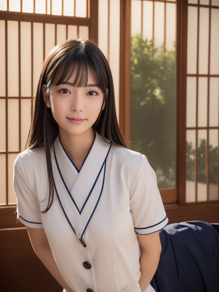 (masterpiece、high resolution、high quality)、(Japanese 、Elegant and pure、Adult face、Beautiful girl)、(Perfect and complete ???????、Plump and beautiful hands and feet、Perfect Physiology)、(((Japan Girls' Uniform)))、Beaver、Dark gray hair、Clear Eyes、kind、Unclear、Healthy and good friends、(((Huge boobs)))、Beautiful legs、classroom、Sunset glow、Sunset from the window、Striking an attractive pose、Teasing cuteness、「Come here」What girls say、30 years old