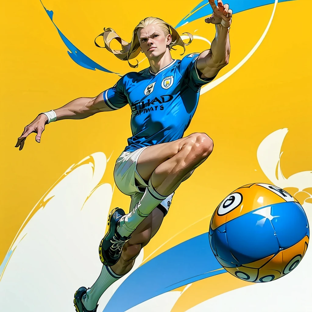 Random evolution, (1man), (full body version), tall man, muscle, Masculine, (his face scowls), albino skins, sport, football player, 1ball, (Blonde colored hair, Long Straight hairstyle, narrow eyes, hazel eyes), Manchester City blue t-shirt, White shorts, white socks, Grassroots, There's a ball, ((his pose is bicycle kick)), (((his foot right are on fire))), (((His right leg was burned))), (full background, football stadium background)