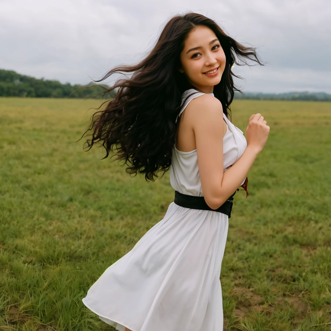1 girl, solo, Caucasian, Young Woman, photorealistic, RAW image, (Photo of Nadine Lustre and Laura Linney combined), name is Kasumi, (((22 years old woman))), (((hazel eyes))), (((Black hair))), ((long curly hair)), (((full body))), (((Close Shot))), (((slim body))), ((wearing dress)), (at an open field), smirk, random pose

