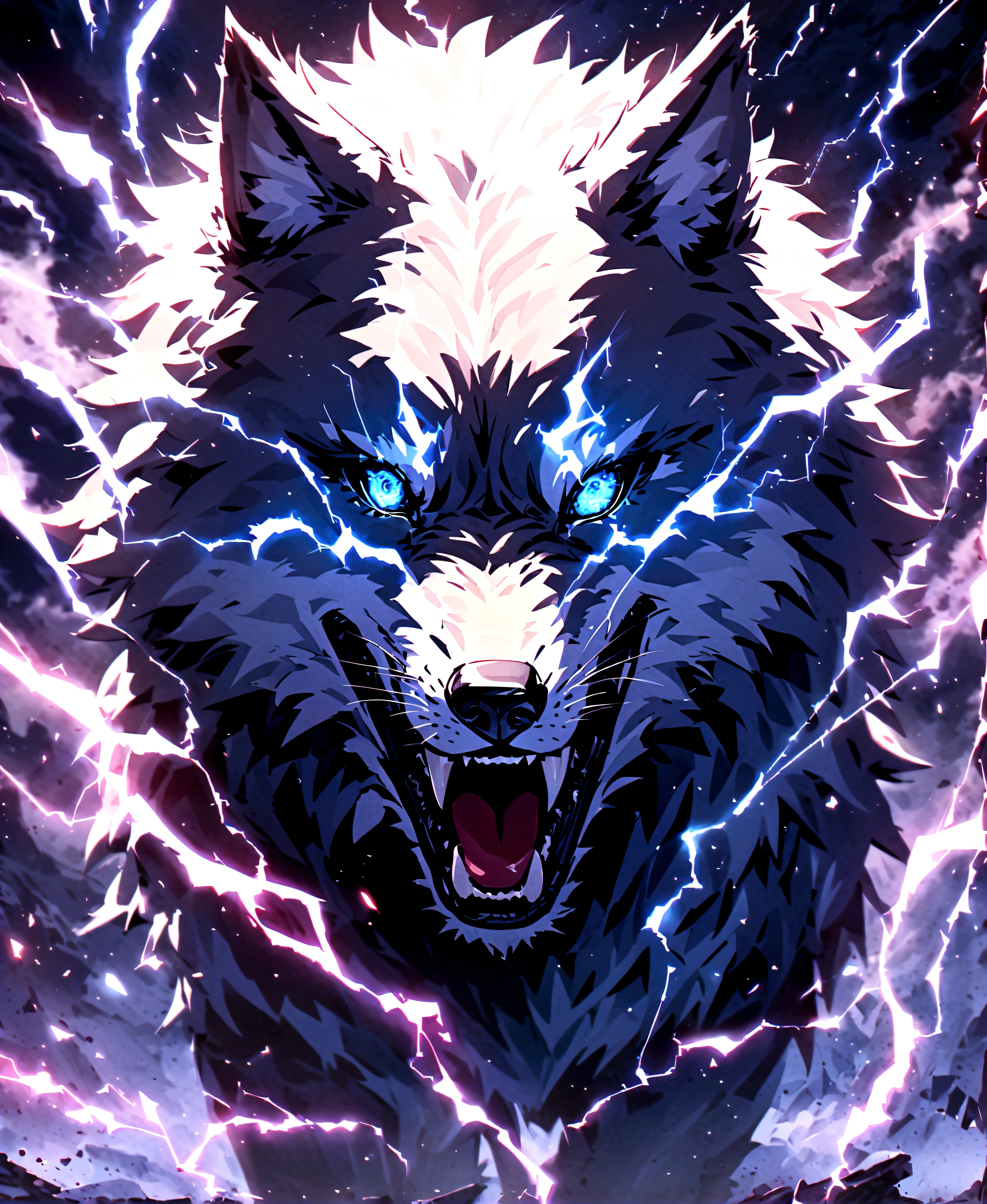 score_9, score_8_up, score_7_up, (1wolf), (sfw), detail eyes, HD32k, very detailed, amazing quality, intricate, cinematic light, highly detail, surreal, dramatic, realistic, galaxy fantasy colors.  A stunning and dynamic illustration of a lightning wolf. The wolf is a majestic and powerful creature, with sleek, silver fur that crackles with electric energy. armored. Its eyes glow with an intense, electric blue light, and arcs of lightning dance around its body. The wolf's stance is both fierce and elegant, capturing the essence of a predator infused with elemental power.
The background is a stormy landscape, with dark clouds swirling above and bolts of lightning striking down, illuminating the scene with bright, jagged flashes. The ground beneath the wolf is scorched and crackling with residual electricity, creating an atmosphere of raw, untamed power. The overall mood is intense and awe-inspiring, showcasing the majestic and fearsome nature of the lightning wolf amidst the fury of the storm.