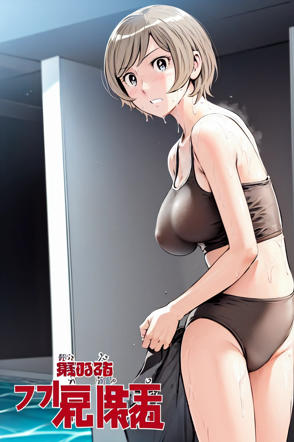 Blonde, (short hair:1.2)、((Illustration of a person))、Big Breasts、
View your viewers,, (Highest quality:1.3),blue eye star piece、Highest quality)、Highest quality, Ultra-high resolution, (((masterpiece))), alone, Sweat、Big eyes、Big Breasts、One Girl, Front view、Embarrassed face、Bronze colored hair、((short hair))、One Girl, alone, blush, Big Breasts,
Bare arms, Wet, Pool, 青いSchool Swimsuit, Thighs, Place your arms at your sides, Bare arms, Cowboy Shot, Are standing, School Swimsuit,bite、High Leg、mansuji、Boobs exposed、Nipples、Shoulder straps fall、One side off-shoulder、Breast Exposure、Happenings