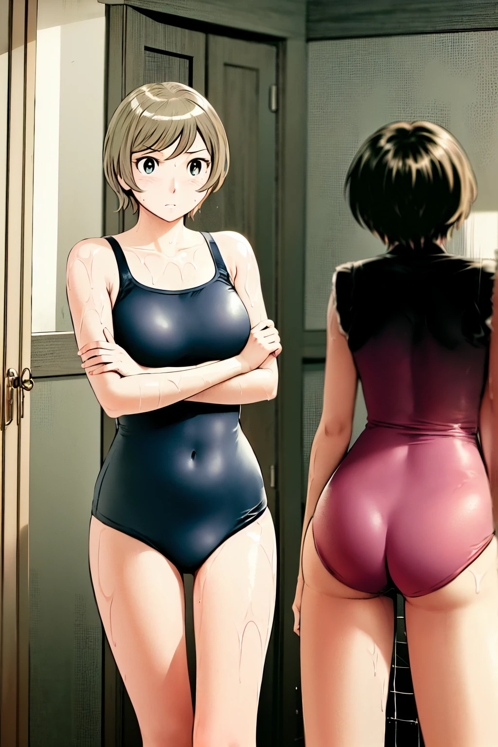 
Blonde, (short hair:1.2)、((Illustration of a person))、Big Breasts、
View your viewers,, (Highest quality:1.3),blue eye star piece、Highest quality)、Highest quality, Ultra-high resolution, (((masterpiece))), alone, Sweat、Big eyes、Big Breasts、One Girl, Front view、Embarrassed face、Bronze colored hair、((short hair))、One Girl, alone, blush, Big Breasts,
Bare arms, Wet, Pool, 青いSchool Swimsuit, Thighs, Place your arms at your sides, Bare arms, Cowboy Shot, Are standing, School Swimsuit,bite、High Leg、mansuji、 exposed、Nipples、Shoulder straps fall、One side off-shoulder、Breast Exposure、Happenings