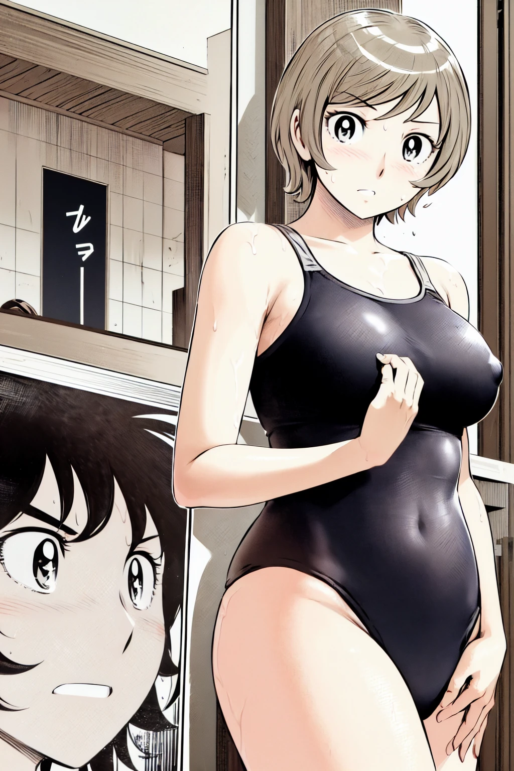 
Blonde, (short hair:1.2)、((Illustration of a person))、Big Breasts、
View your viewers,, (Highest quality:1.3),blue eye star piece、Highest quality)、Highest quality, Ultra-high resolution, (((masterpiece))), alone, Sweat、Big eyes、Big Breasts、One Girl, Front view、Embarrassed face、Bronze colored hair、((short hair))、One Girl, alone, blush, Big Breasts,
Bare arms, Wet, Pool, 青いSchool Swimsuit, Thighs, Place your arms at your sides, Bare arms, Cowboy Shot, Are standing, School Swimsuit,bite、High Leg、mansuji、 exposed、Nipples、Shoulder straps fall、One side off-shoulder、Breast Exposure、Happenings