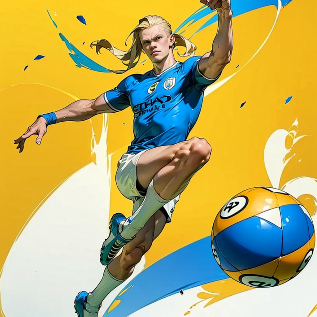 Random evolution, (1man), (full body version), tall man, muscle, Masculine, (his face scowls), albino skins, sport, football player, 1ball, (Blonde colored hair, Long Straight hairstyle, narrow eyes, hazel eyes), Manchester City blue t-shirt, White shorts, white socks, Grassroots, There's a ball, ((his pose is bicycle kick)), (((his foot right are on fire))), (((His right leg was burned))), (full background, football stadium background)