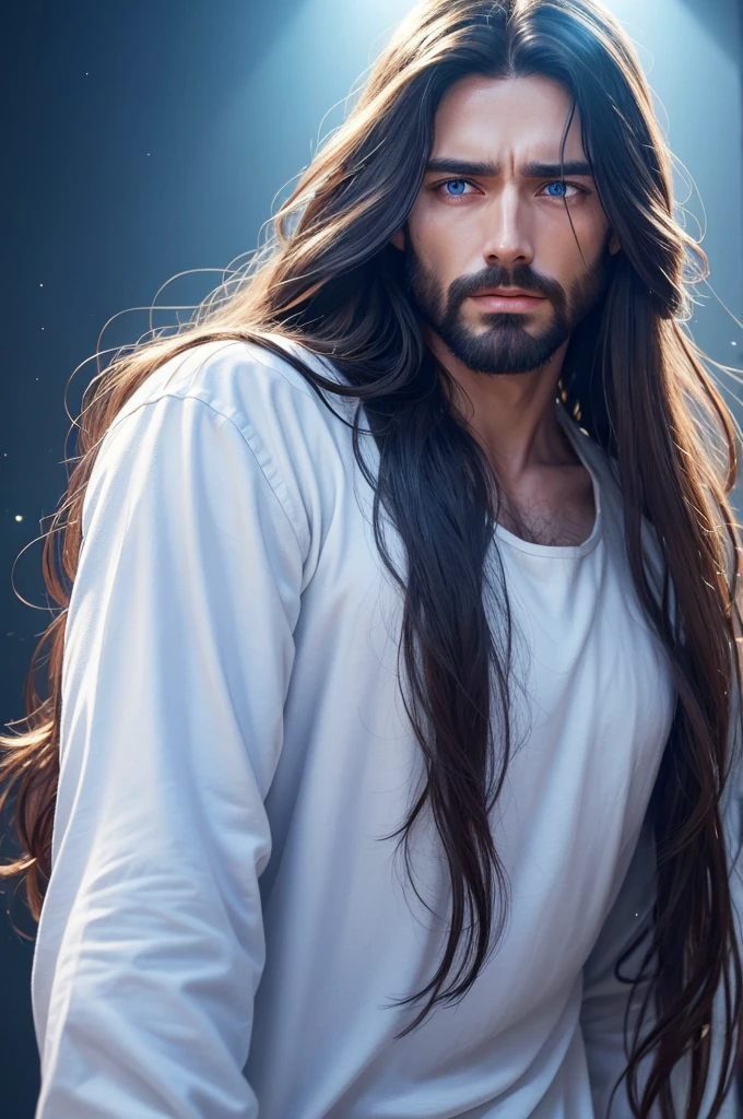 jesus with glowing background, Jesus with long hair and blue eyes, long white clothes, JesusChrist, Very beauthful, happy jesus, photo realist, very realistic, engine unreal, just jesus, centralized, sad face, upset jesus, Jesus crying, comely