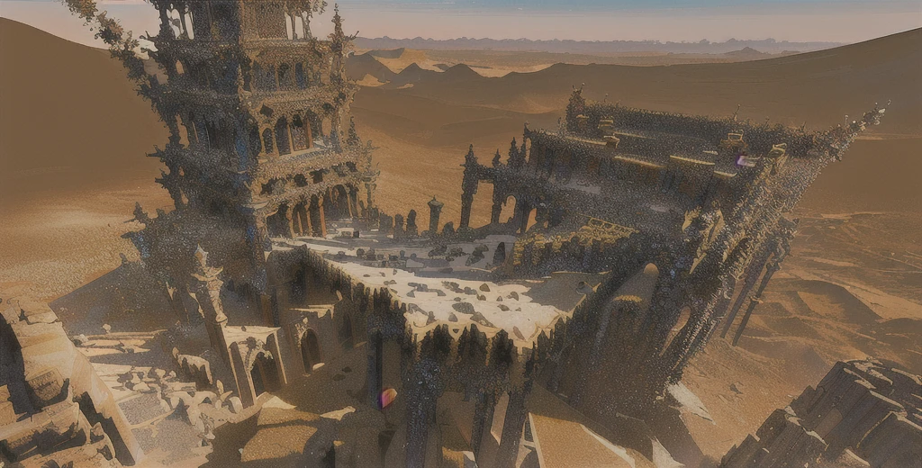(masterpiece), best quality, there is a very large tower made of rocks in the desert, desert temple, high quality art, deep mandelbulb landscape, the place in desert