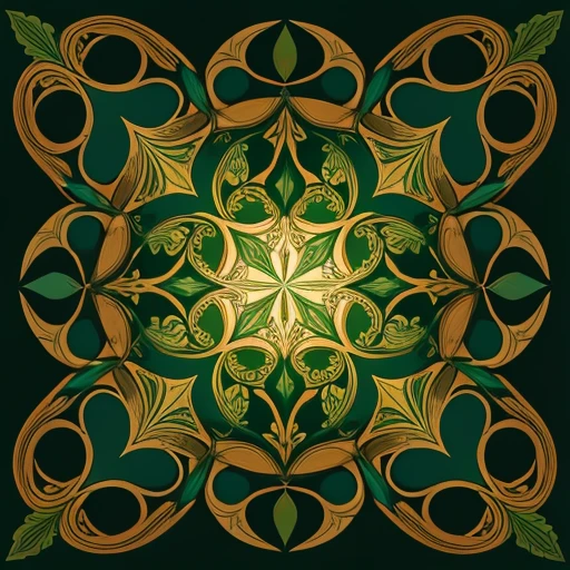 Abstract illustration featuring intricate leaf patterns. The design includes a variety of leaves with different shapes and sizes, arranged in a harmonious, flowing pattern. The color palette is vibrant, incorporating shades of green, gold, and turquoise. The style is modern and artistic, with detailed textures and layered elements, creating a sense of depth and movement