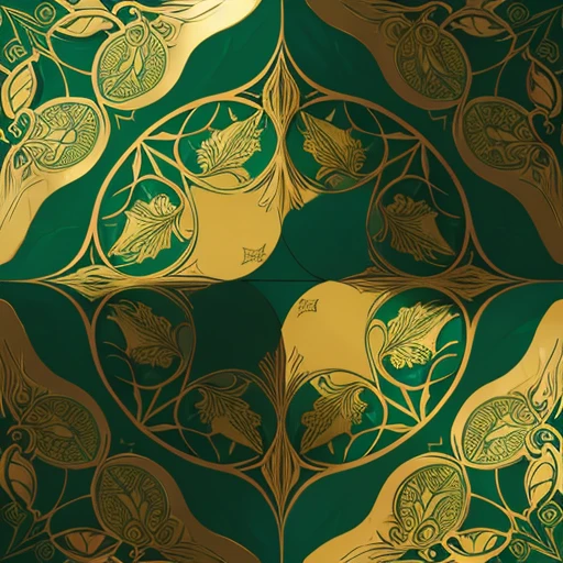 Abstract illustration featuring intricate leaf patterns. The design includes a variety of leaves with different shapes and sizes, arranged in a harmonious, flowing pattern. The color palette is vibrant, incorporating shades of green, gold, and turquoise. The style is modern and artistic, with detailed textures and layered elements, creating a sense of depth and movement