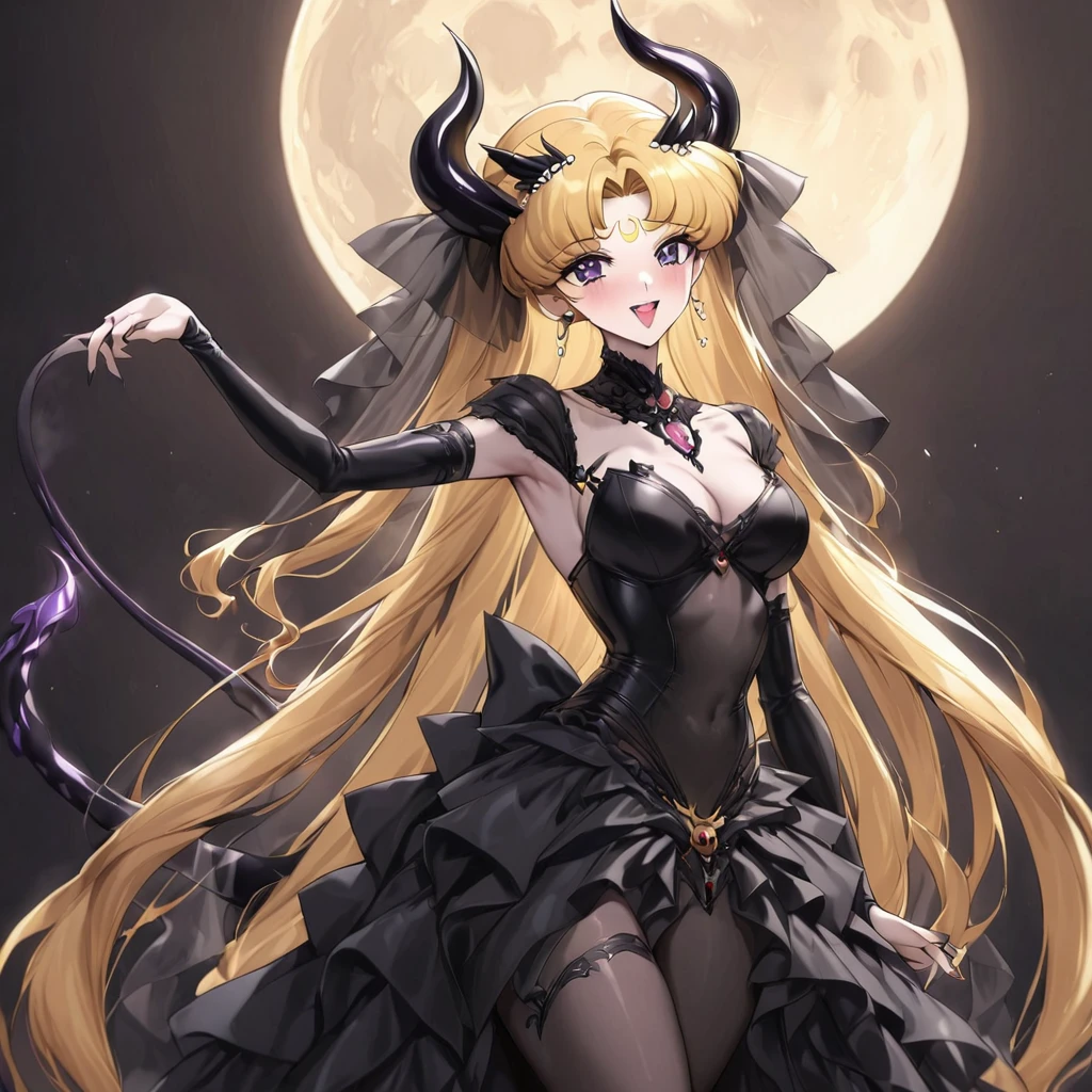 ((Highest quality)), ((masterpiece)), (detailed), (Perfect Face)、The woman is the dark queen, the demon queen, Princess Serenity, and the woman is the jet black, sexy demon princess, Serenity.、The woman is a jet-black female demon with magnificent devil horns, jet-black devil wings, and a jet-black tail. Her skin is jet-black, and she has a black inverted crescent moon mark on her forehead. She is a devil bride wearing a gorgeous black Gothic Victorian wedding dress and a black wedding veil. She is the jet-black demon Princess Serenity, and has blonde hair with a happy expression as she looks at the camera.2The expression of a girl in love with her long hair tied up、She is Princess Serenity、Punishment pose on behalf of the moon