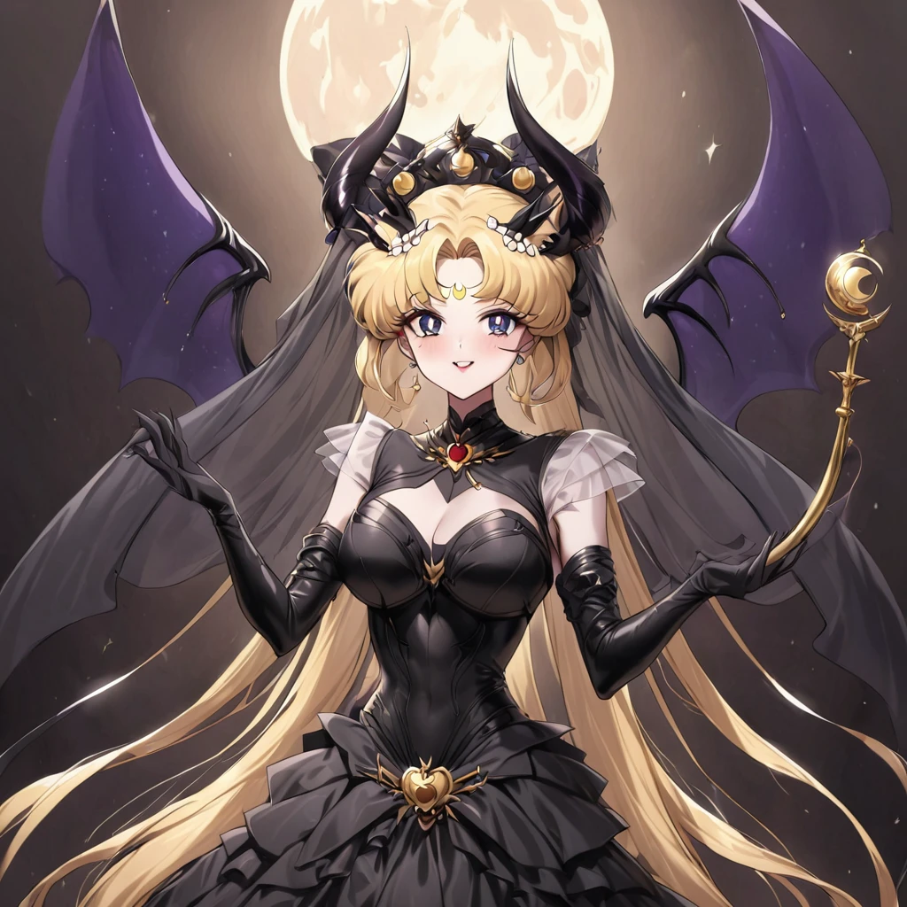 ((Highest quality)), ((masterpiece)), (detailed), (Perfect Face)、The woman is the dark queen, the demon queen, Princess Serenity, and the woman is the jet black, sexy demon princess, Serenity.、The woman is a jet-black female demon with magnificent devil horns, jet-black devil wings, and a jet-black tail. Her skin is jet-black, and she has a black inverted crescent moon mark on her forehead. She is a devil bride wearing a gorgeous black Gothic Victorian wedding dress and a black wedding veil. She is the jet-black demon Princess Serenity, and has blonde hair with a happy expression as she looks at the camera.2The expression of a girl in love with her long hair tied up、She is Princess Serenity、Punishment pose on behalf of the moon