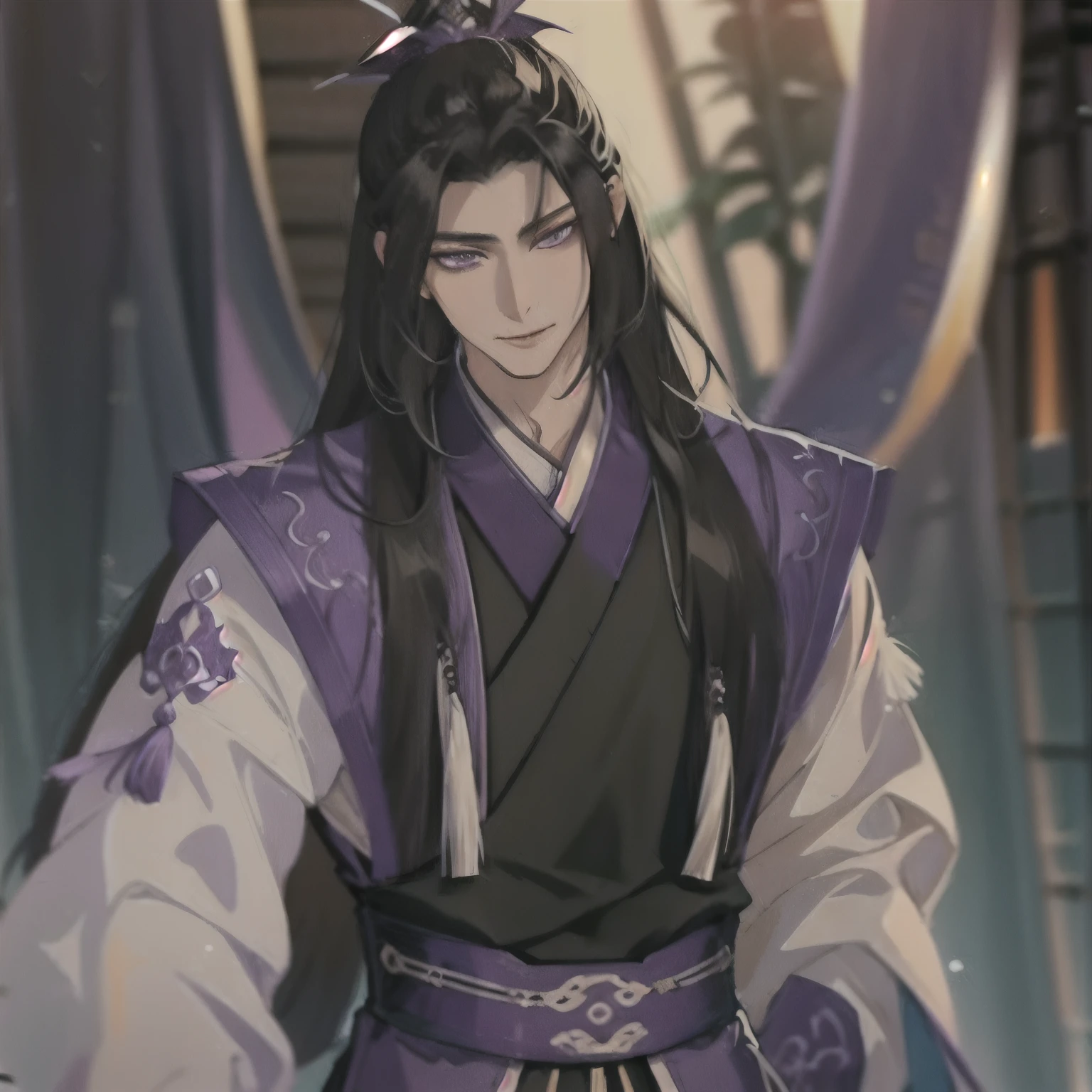 (masterpiece, best quality:1.2), 1male, solo, jiang cheng, mo dao zu shi, mdzs, purple and black clothes, purple eyes, long black hair, perfect anatomy, smile
