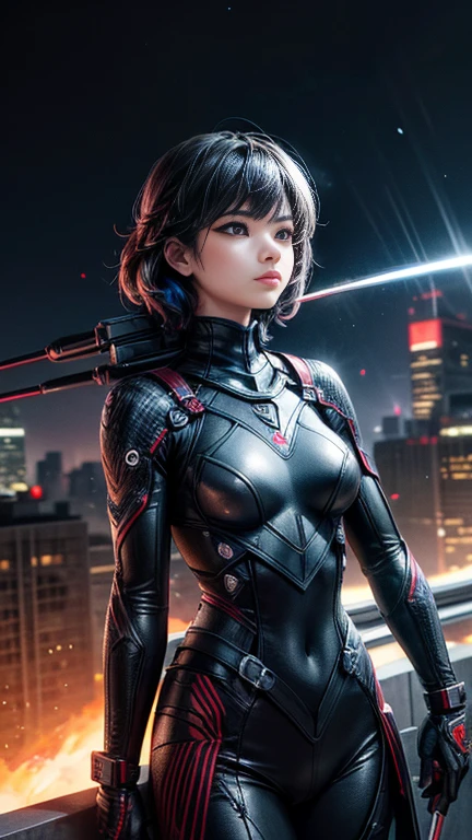 a futuristic archer, armed with explosive arrowheads, taking aim from a high vantage point in the city, dramatic, photorealistic, intricate details, cinematic lighting, vibrant colors, hyper-realistic, 8K, extremely detailed, masterpiece