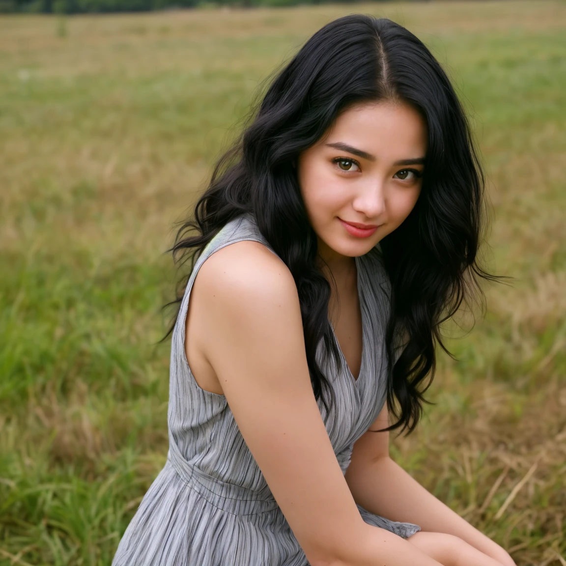 1 girl, solo, Caucasian, Young Woman, photorealistic, RAW image, (Photo of Nadine Lustre and Laura Linney combined), name is Kasumi, (((22 years old woman))), (((hazel eyes))), (((Black hair))), ((long curly hair)), (((full body))), (((Close Shot))), (((slim body))), ((wearing dress)), (at an open field), smirk, random pose