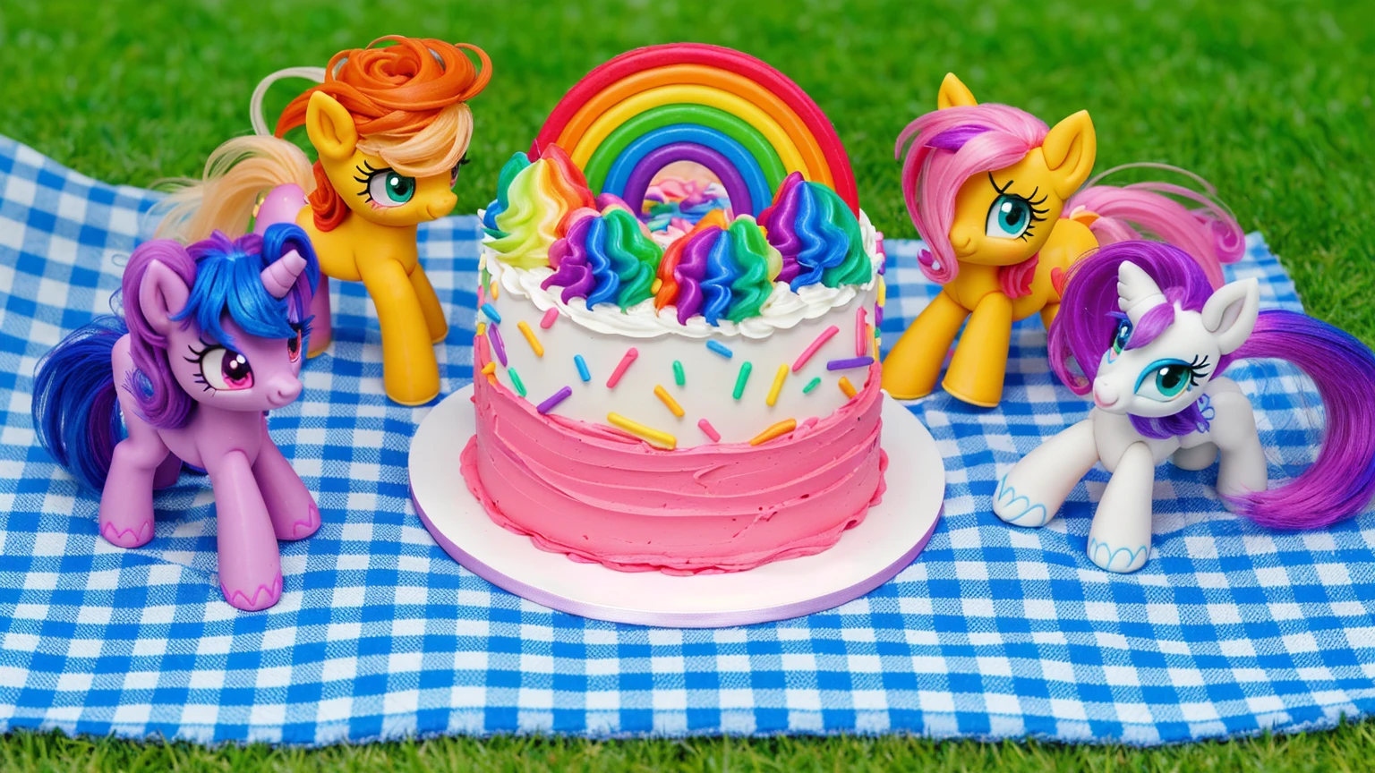 on the grass, on a pink checkered tablecloth. there is a white plate with cake, white and pink cream cake, Rainbow confectionery powder on the cake, top rainbow gradient cream, polymer clay rainbow, рядом стоят пластиковые pony toys из мультфильма My Little Pony, pony toys, beautiful light, sunlight, sunny day, beautiful lighting, bright announcement, several light sources, Realistic style, realistic textures, high quality, high detail, detailed texture, ultra 4k hd