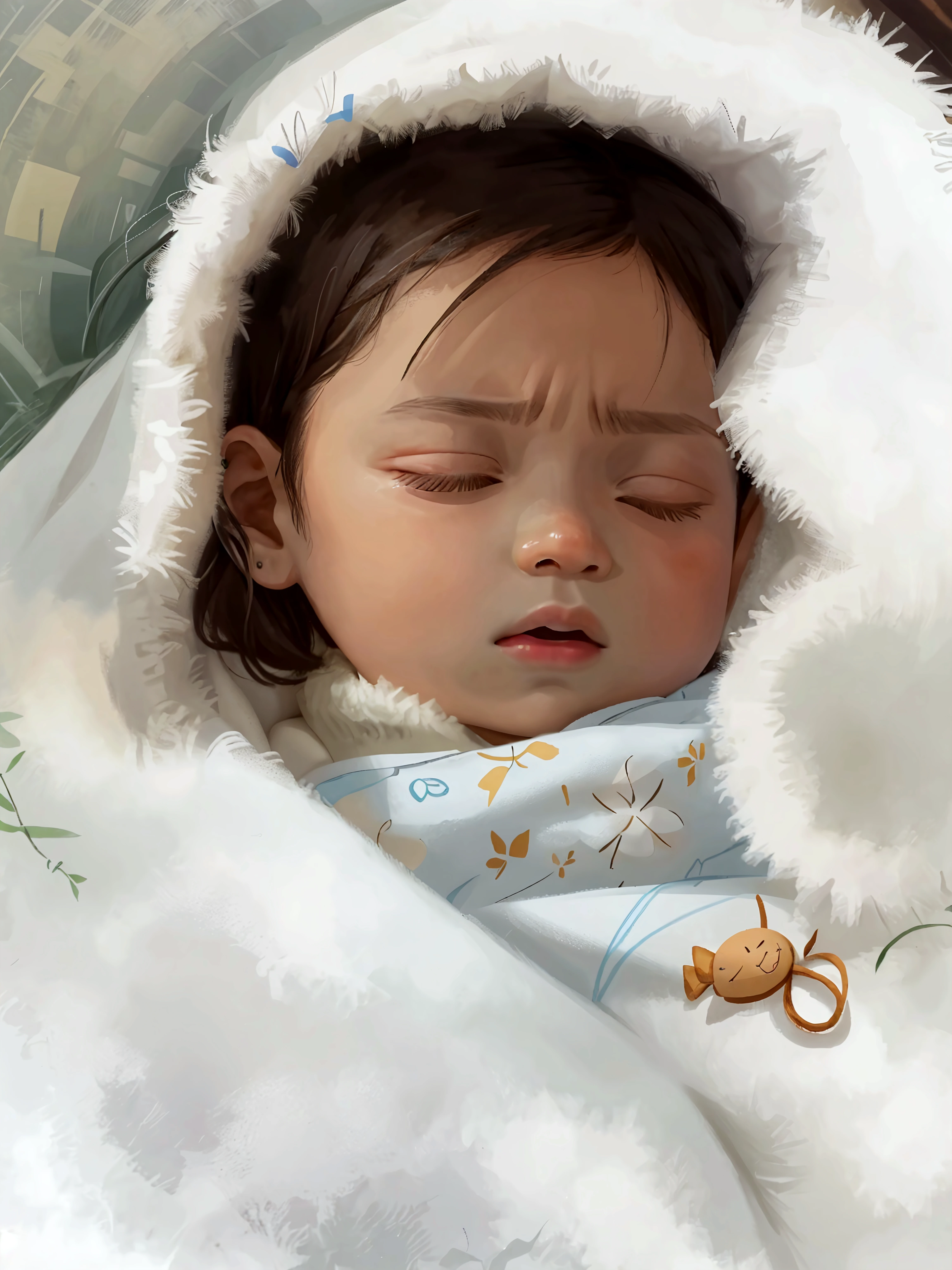 (Pixar 1.25 style) Portrait of a little girl asleep, with the blanket and a teddy bear on the side