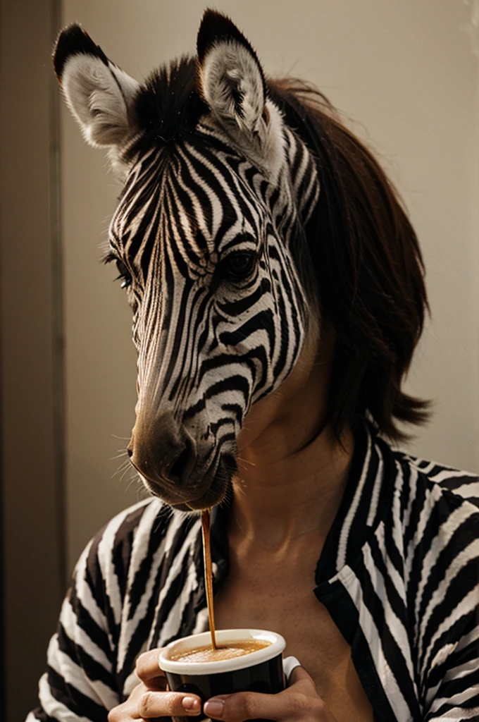 A zebra drinking coffee