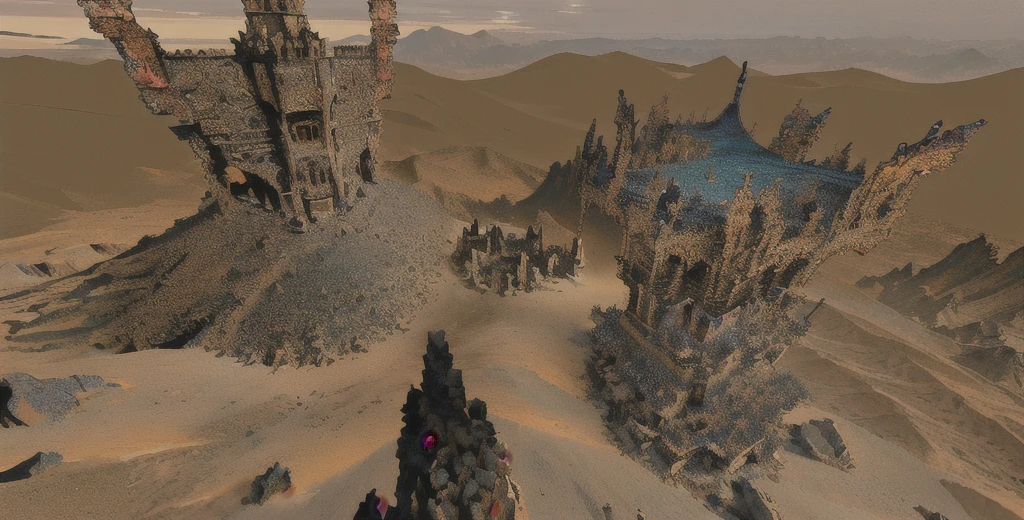(masterpiece), best quality, there is a very large tower made of rocks in the desert, desert temple, high quality art, deep mandelbulb landscape, the place in desert