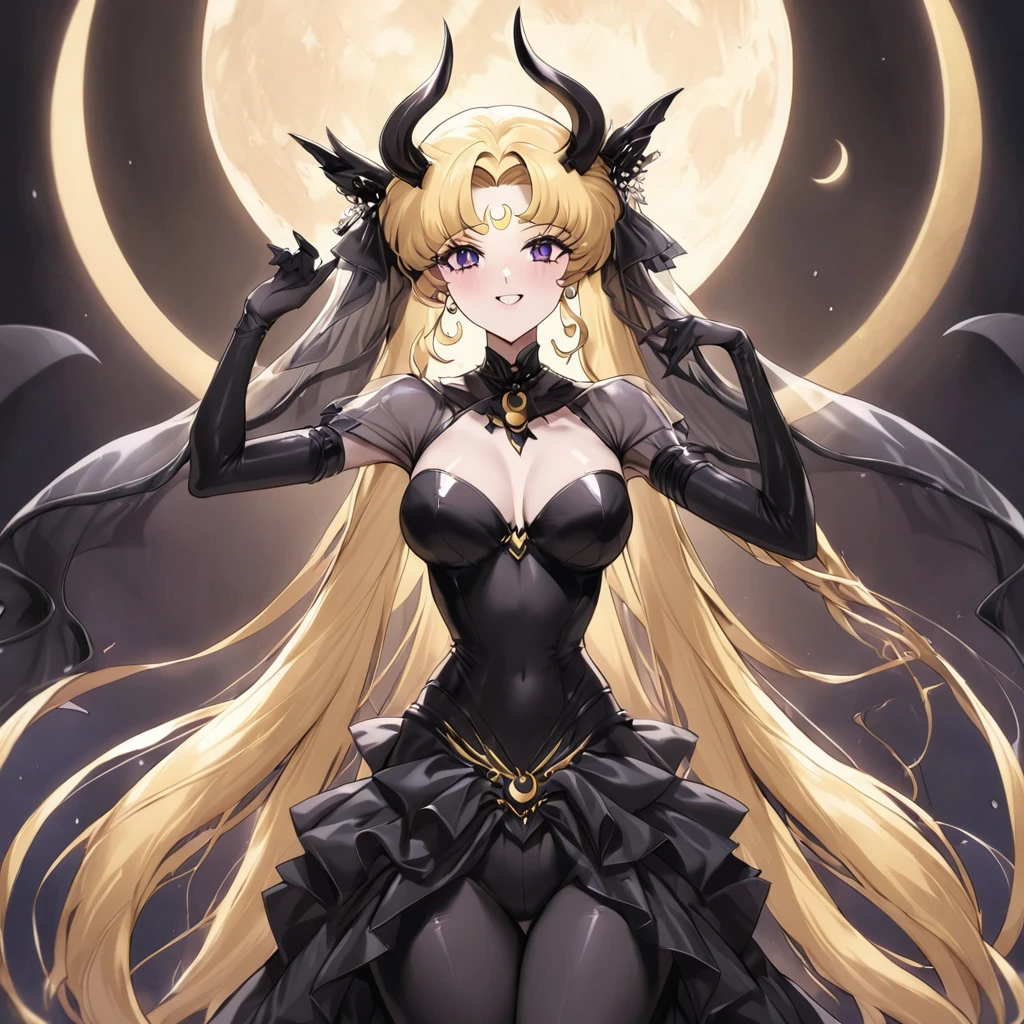 ((Highest quality)), ((masterpiece)), (detailed), （Perfect Face）、The woman is the dark queen, the demon queen, Princess Serenity, and the woman is the jet black, sexy demon princess, Serenity.、The woman is a jet-black female demon with magnificent devil horns, jet-black devil wings, and a jet-black tail. Her skin is jet-black, and she has a black inverted crescent moon mark on her forehead. She is a devil bride wearing a gorgeous black Gothic Victorian wedding dress and a black wedding veil. She is the jet-black demon Princess Serenity, and has blonde hair with a happy expression as she looks at the camera.２The expression of a girl in love with her long hair tied up、She is Princess Serenity、Punishment pose on behalf of the moon