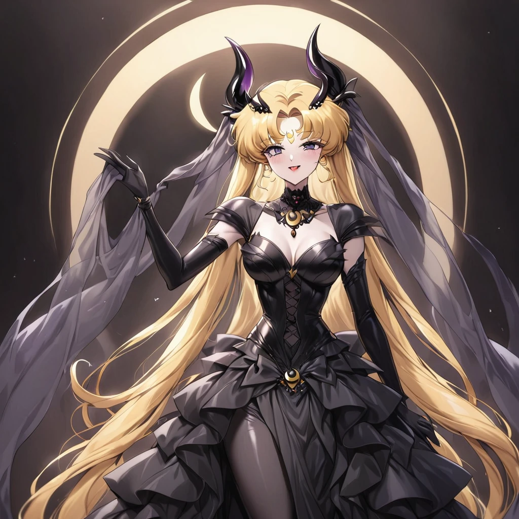 ((Highest quality)), ((masterpiece)), (detailed), (Perfect Face)、The woman is the dark queen, the demon queen, Princess Serenity, and the woman is the jet black, sexy demon princess, Serenity.、The woman is a jet-black female demon with magnificent devil horns, jet-black devil wings, and a jet-black tail. Her skin is jet-black, and she has a black inverted crescent moon mark on her forehead. She is a devil bride wearing a gorgeous black Gothic Victorian wedding dress and a black wedding veil. She is the jet-black demon Princess Serenity, and has blonde hair with a happy expression as she looks at the camera.2The expression of a girl in love with her long hair tied up、She is Princess Serenity、Punishment pose on behalf of the moon