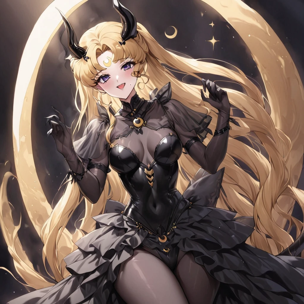((Highest quality)), ((masterpiece)), (detailed), (Perfect Face)、The woman is the dark queen, the demon queen, Princess Serenity, and the woman is the jet black, sexy demon princess, Serenity.、The woman is a jet-black female demon with magnificent devil horns, jet-black devil wings, and a jet-black tail. Her skin is jet-black, and she has a black inverted crescent moon mark on her forehead. She is a devil bride wearing a gorgeous black Gothic Victorian wedding dress and a black wedding veil. She is the jet-black demon Princess Serenity, and has blonde hair with a happy expression as she looks at the camera.2The expression of a girl in love with her long hair tied up、She is Princess Serenity、Punishment pose on behalf of the moon