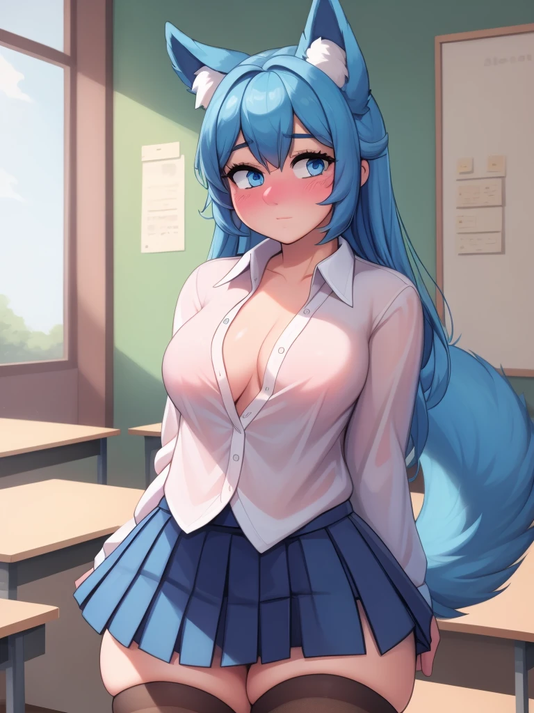 (Masterpiece) (High Detail) (High Res) A close up of a short humanoid girl with pale human skin and blue eyes and long blue hair and blue dog ears and a fluffy blue dog tail and average breasts. She is in a classroom and is wearing  which is a white button up blouse, pleated skirt and thigh-high white socks. She has her hands behind her back out of shot. She has blushing cheeks and looks shy.