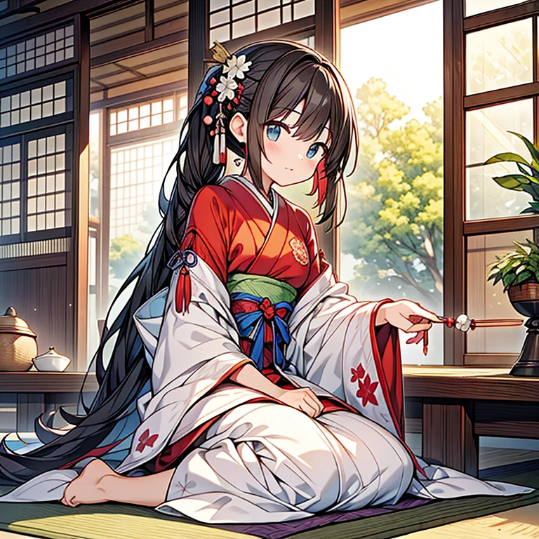 "Create an anime-style illustration of a homemaker sitting on a floor cushion in a traditional Japanese tatami room, with warm afternoon sunlight streaming in. She is seated at a small table, skillfully threading beads for a handmade craft project. Surrounding her are small containers filled with colorful beads, and several beautifully crafted handmade accessories are prominently displayed on the table. The completed accessories should be the focal point, showcasing their intricate designs and vibrant colors. The room should have a serene and cozy atmosphere, with elements such as sliding shoji doors, a tatami mat floor, and possibly a view of a peaceful garden through the window. The overall mood should convey a sense of calm, creativity, and pride in the finished work."