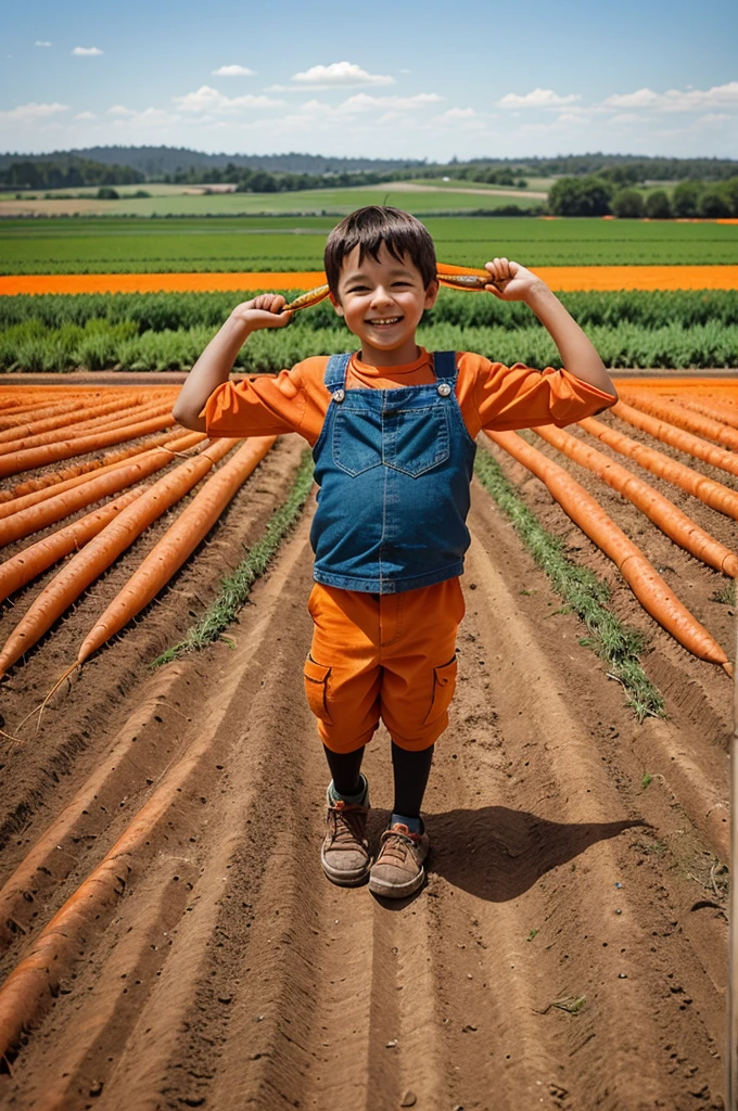 Imagine a bright sunny day in a sprawling carrot field. In the middle stands a joyful five-year-old boy, his face glowing with happiness as he carefully pulls out freshly harvested carrots. His small hands hold a bunch of vibrant orange carrots, dirt still clinging to their roots. With each step towards home, his excitement grows, imagining the delicious meals these carrots will make.