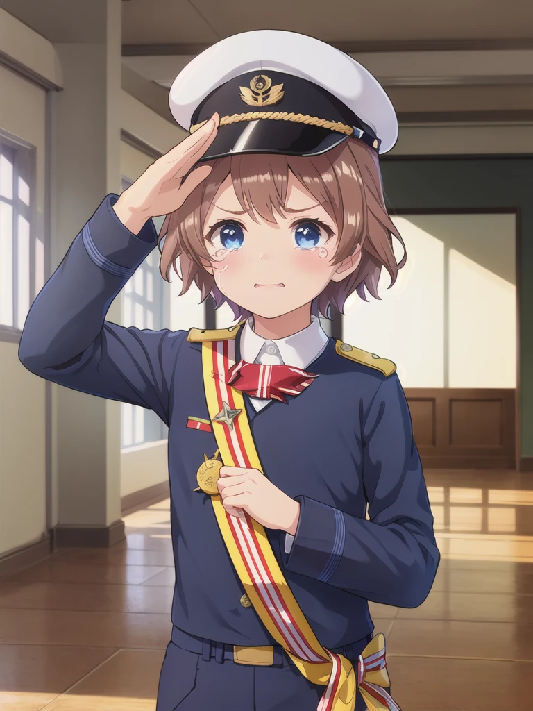 Highest quality,masterpiece,12 years old,serious,(Close your mouth),blue eyes,indoor,School,corridor,Are standing,Upper Body, 顔 focus,Brown Hair, short hair, Navy uniform,, (Raise one hand,45 degree salute),Medal on chest,Navy uniform cap,tears