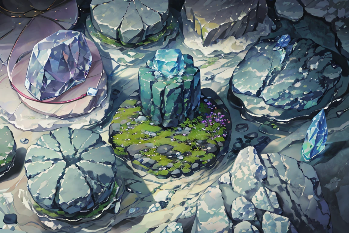 summer, rocky area, rock formation, 거대한 diamond rocks, There are diamonds on the floor, crystal rock (illustration : 1.0), Narrative construction, realistic lighting, HD detail, masterpiece, best quality best, (Highly detailed CG integrated 8k wallpaper), rocky area, diamond pillar, diamond rocks