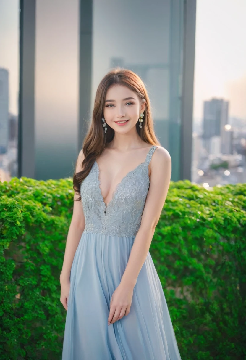 Leila、18-year-old、（Russian women）、（Cute face）、（Thin contours:1.3）、（Grey Eyes:1.8）、（Big Breasts:1.3）、（Narrow waist）、8-head-tall model style、Full body angle、smile、Long dress、Inside the city of Tokyo