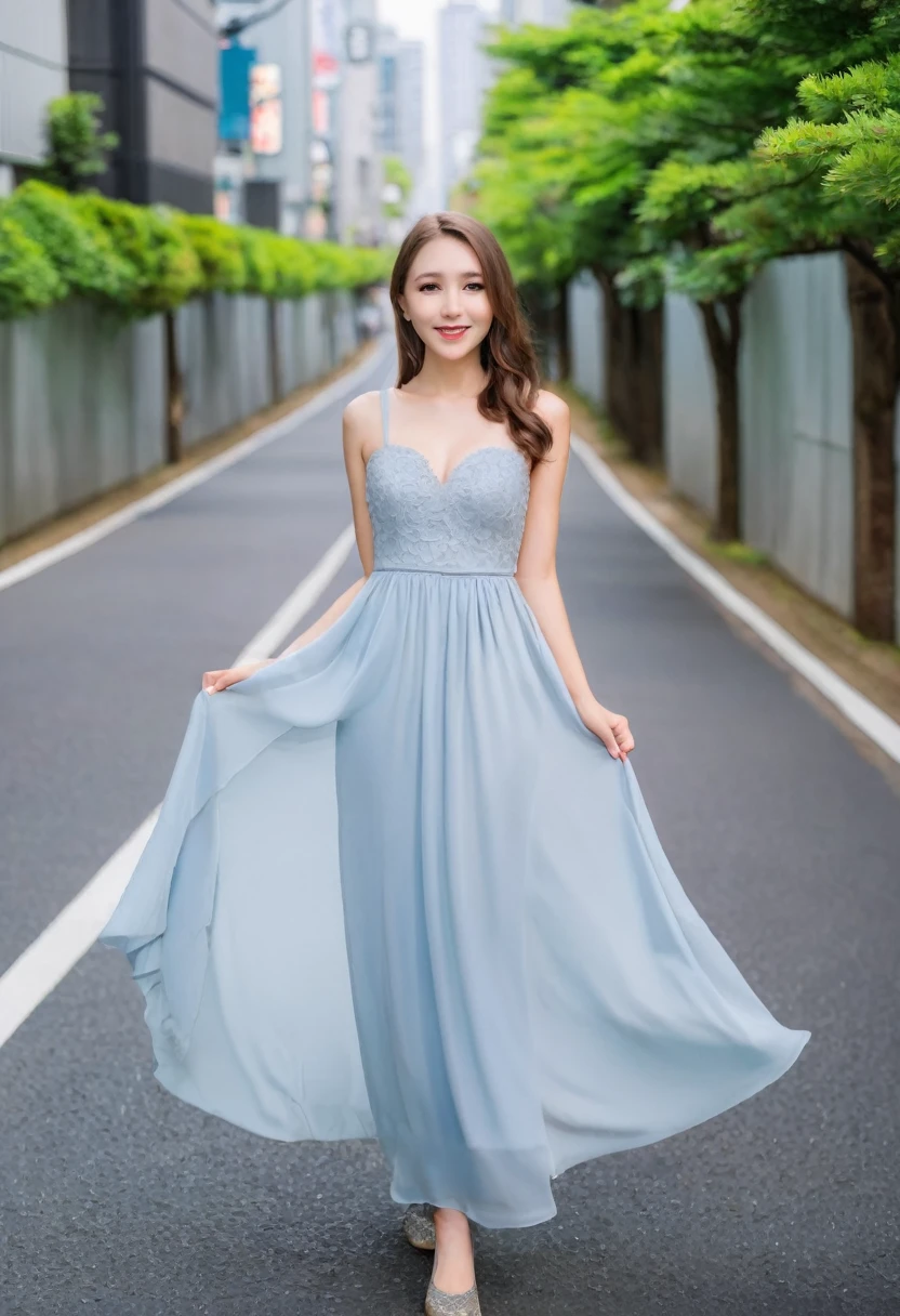 Leila、18-year-old、(Russian women)、(Cute face)、(Thin contours:1.3)、(Grey Eyes:1.8)、(Big Breasts:1.3)、(Narrow waist)、8-head-tall model style、Full body angle、smile、Long dress、Inside the city of Tokyo